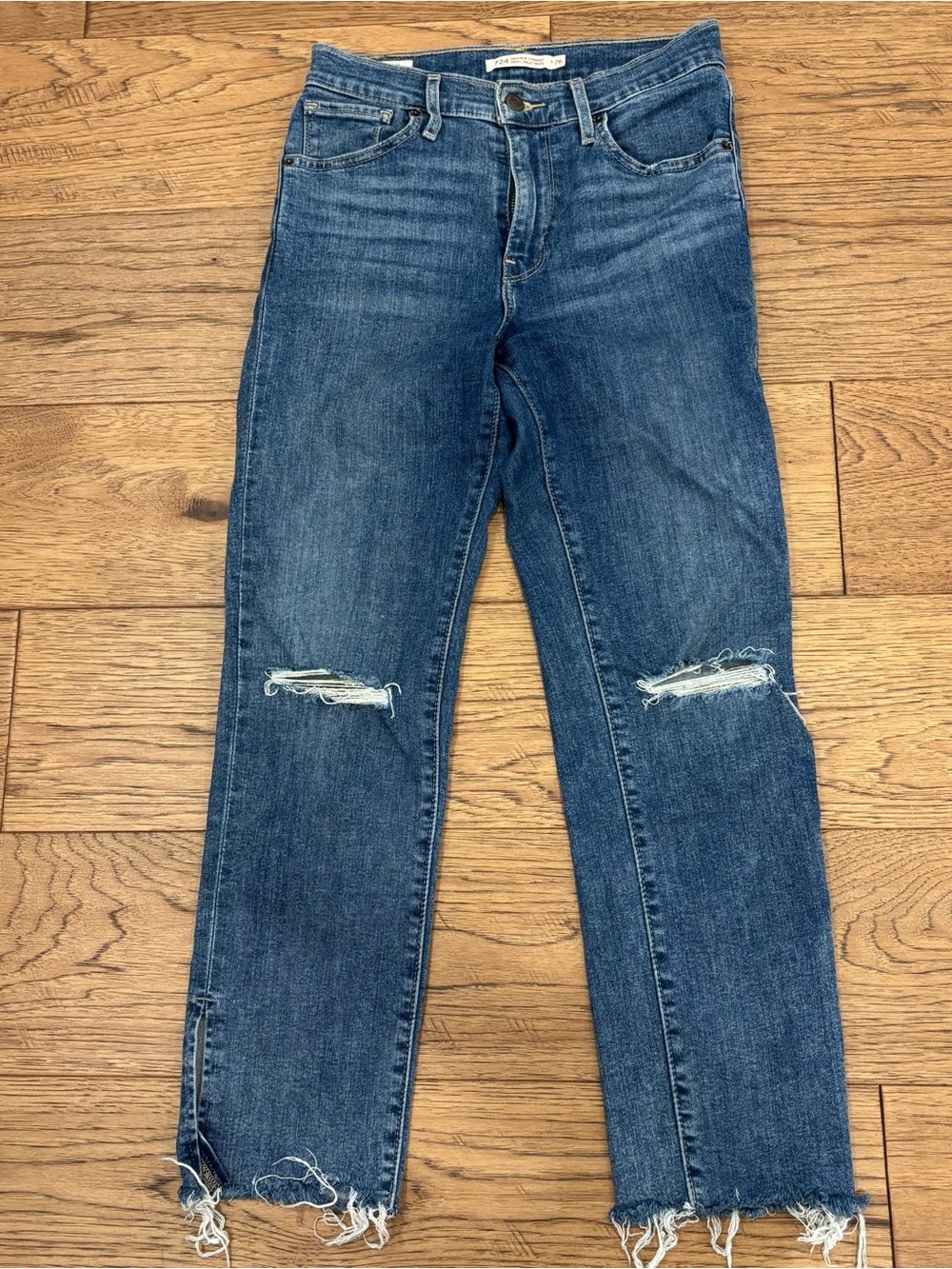 Levi's Women's Levi 724 High Rise Mid-Blue Straight Leg Jeans with Knee Rips